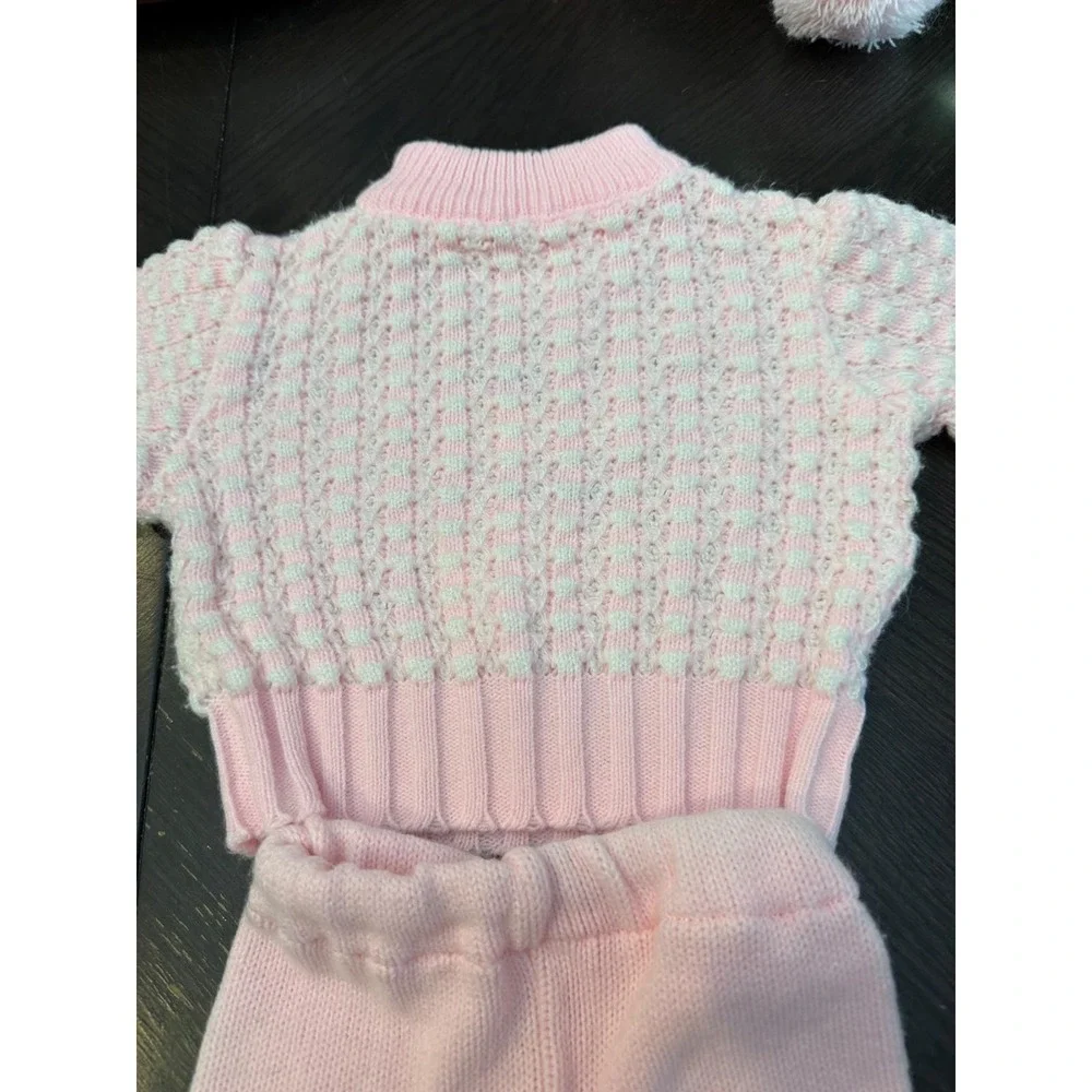 Vintage Tiny‎ Tots Original Pink White Bunny Popcorn Knit Sweater Pants Hat Set